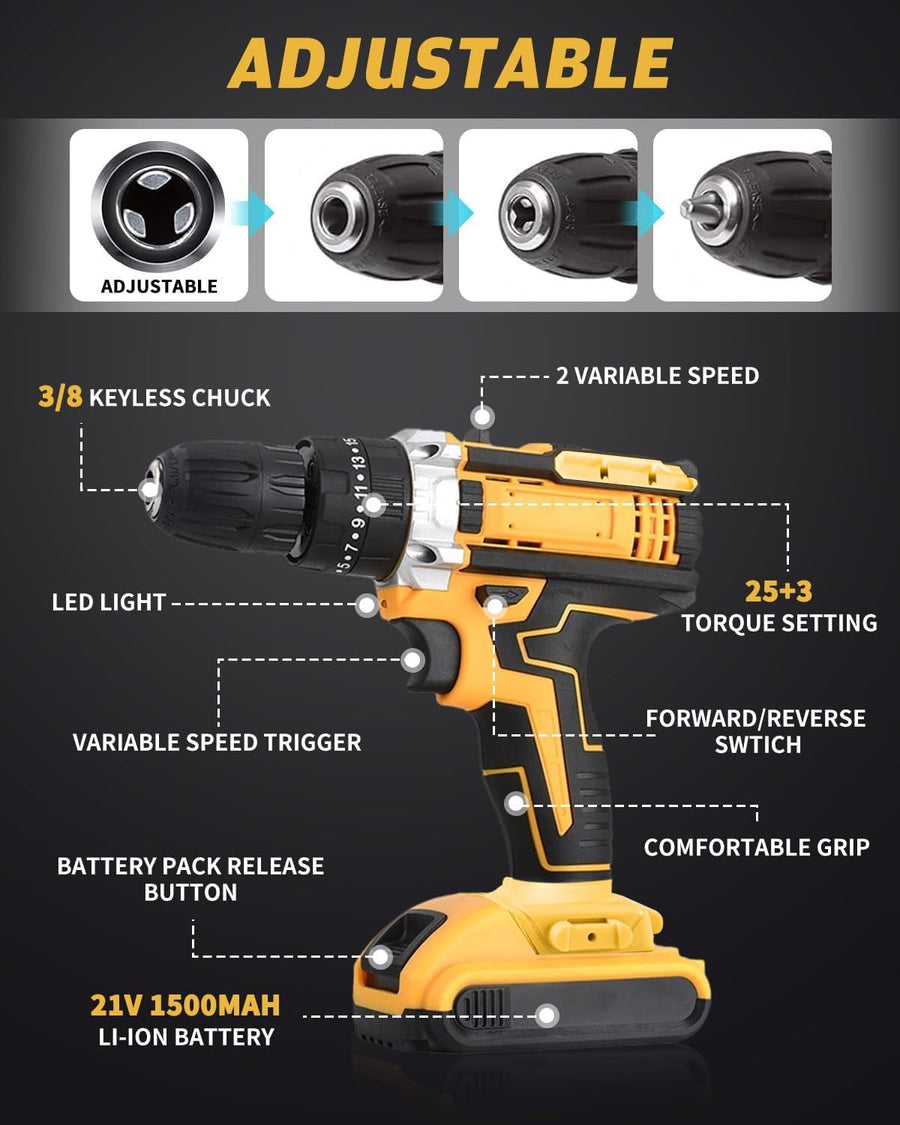 Cordless Drill Machine with Complete Tool Kit - 25+3 Torque, 3-in-1 Drill Driver, 2 Speed, 38Nm, Screwdriver Set, Home Tool Kit with Carry Case for Wood, Wall & Metal