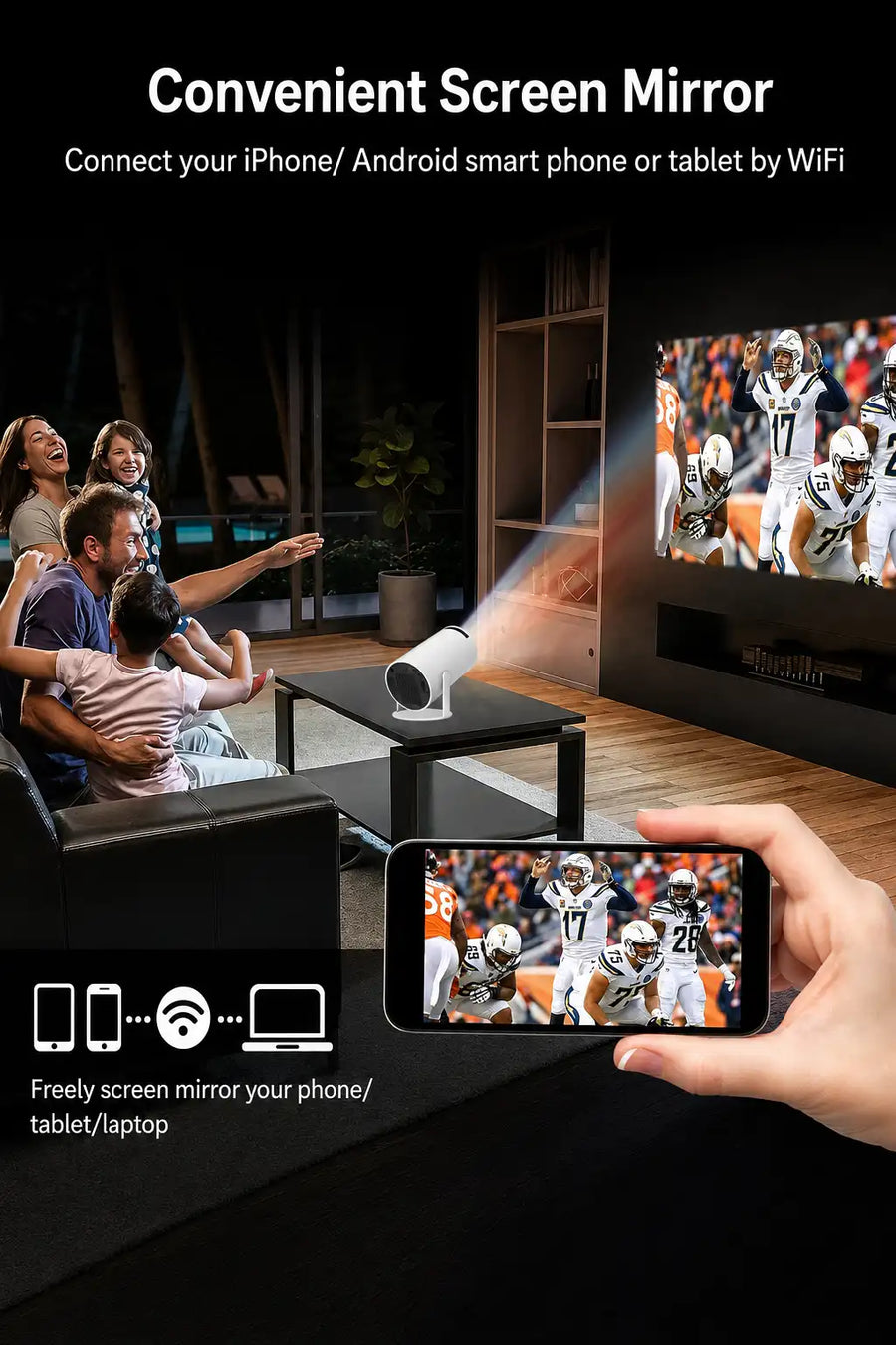 HD Android 11 Projector 720P with WiFi & Bluetooth, 180° Rotation