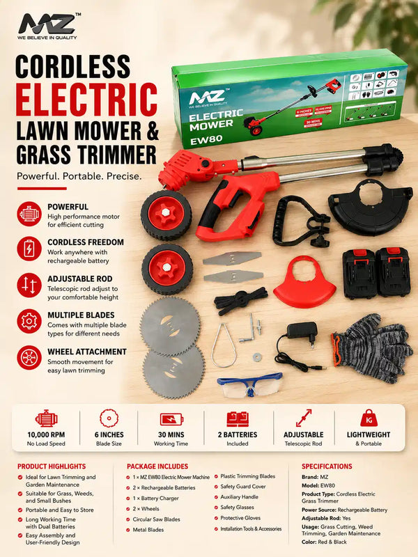 MZ EW80 Cordless Grass Trimmer & Lawn Mower - 3-in-1 Electric Weed Cutter with 3 Blade Types, Dual Battery, Telescopic Rod, Lightweight Garden Trimmer for Home & Farm Use