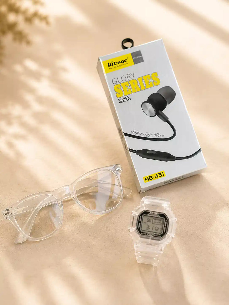 Everyday Essentials Combo Pack – Digital Sports Watch + Hitage Wired Earphones with Mic + Trendy Sunglasses | Best Value 3-in-1 Combo for Men, Women & Kids