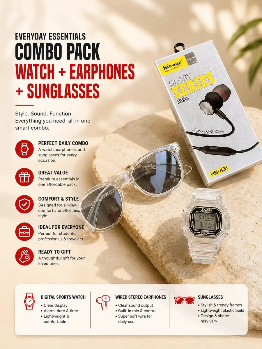 Everyday Essentials Combo Pack – Digital Sports Watch + Hitage Wired Earphones with Mic + Trendy Sunglasses | Best Value 3-in-1 Combo for Men, Women & Kids