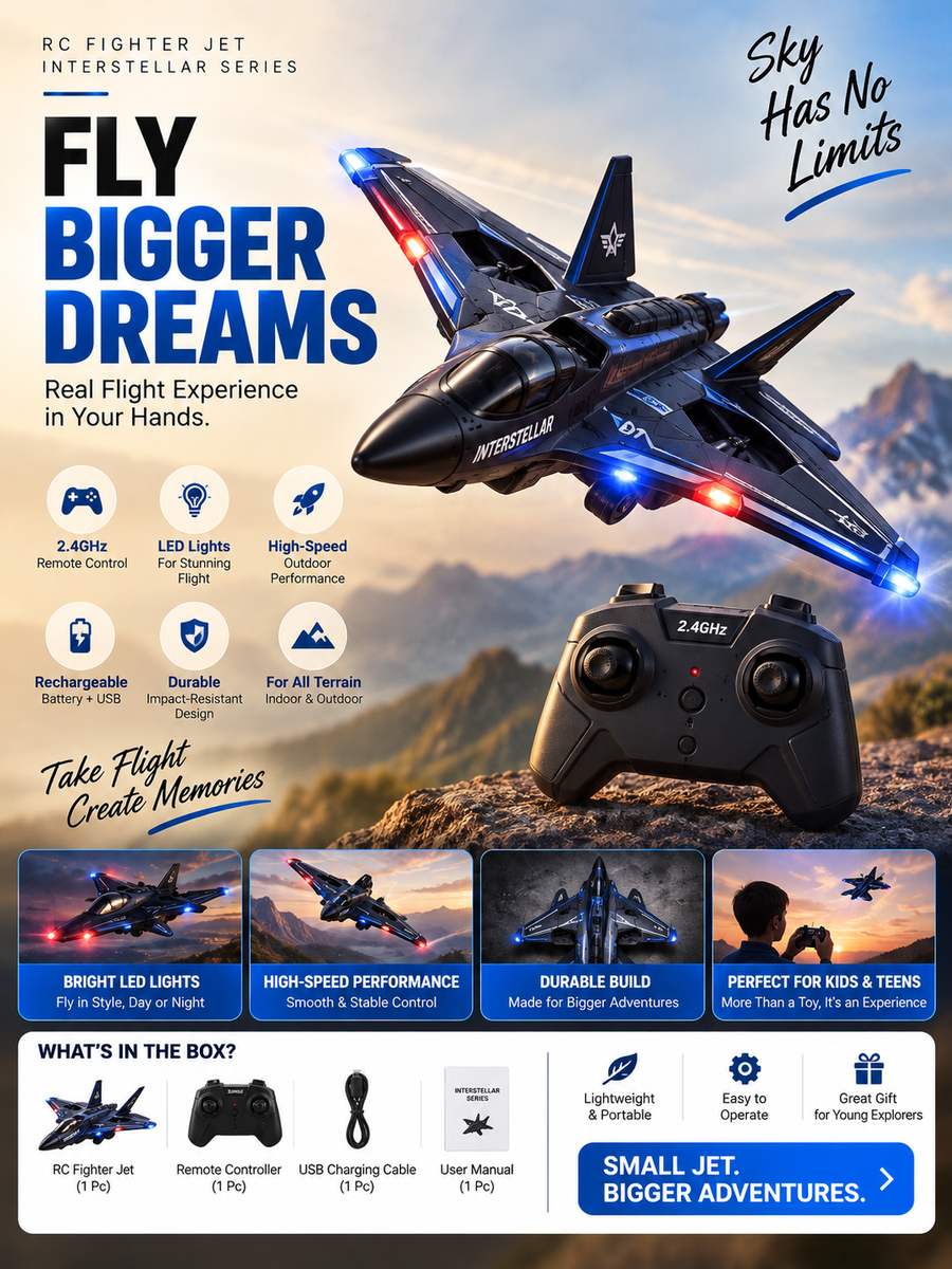 RC Fighter Jet with LED Lights – Interstellar Series | Rechargeable Remote Control Aircraft