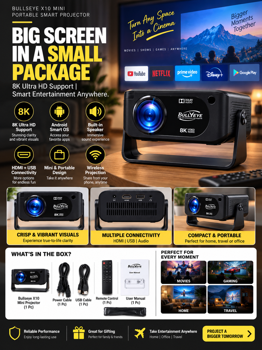 BullyEye X3 Mini Smart Projector | 4K/8K Video Support, Android & Built-in Speaker