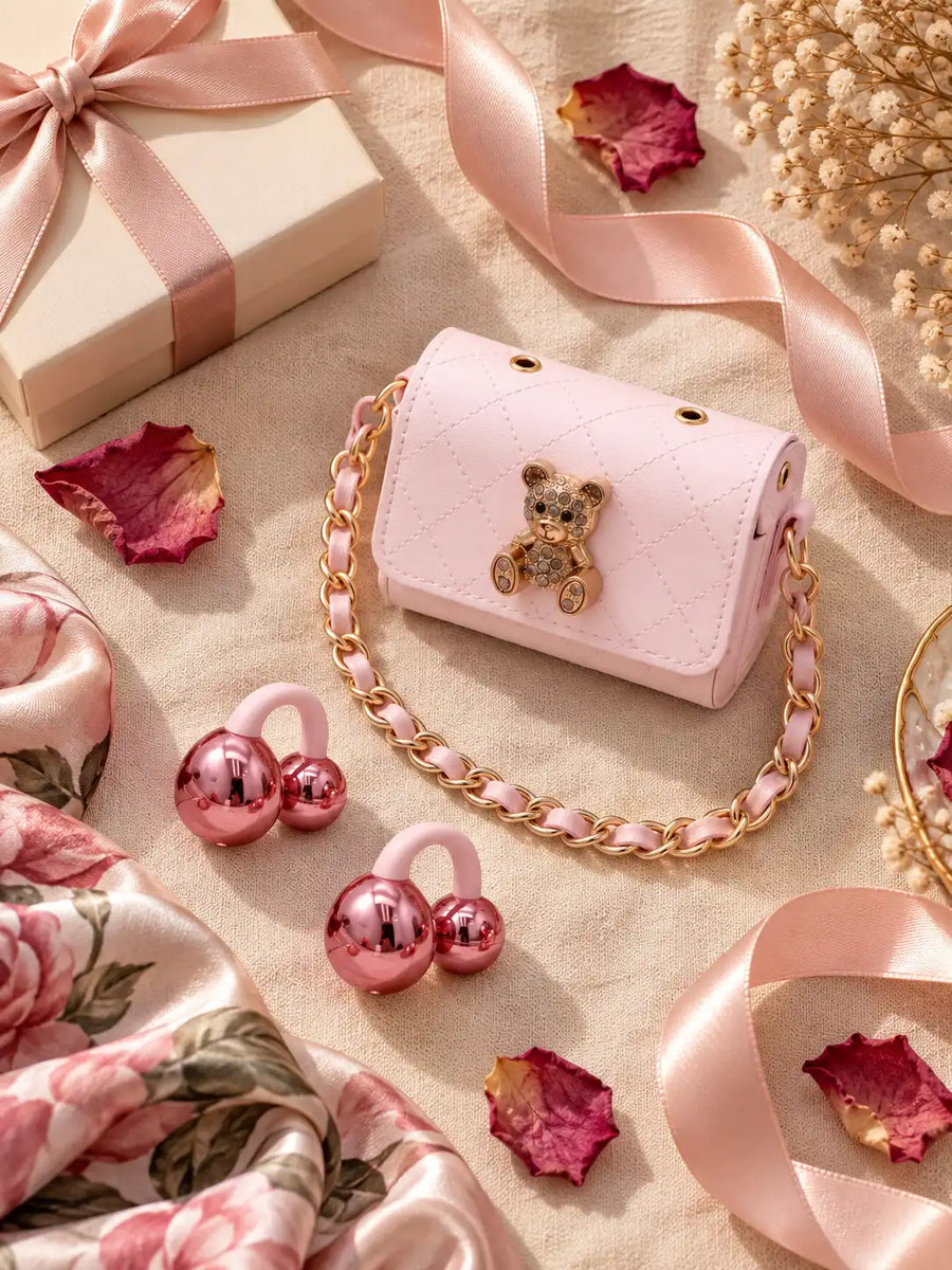 Ear Clip Wireless Earbuds with Mini Handbag Charging Case | Open Ear TWS with Teddy Bear Charm & Chain