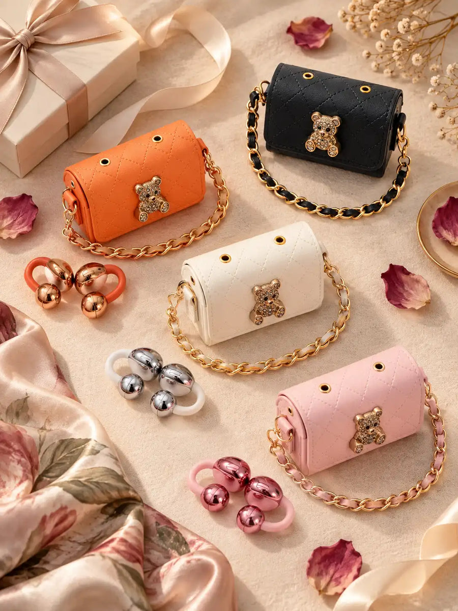 Ear Clip Wireless Earbuds with Mini Handbag Charging Case | Open Ear TWS with Teddy Bear Charm & Chain
