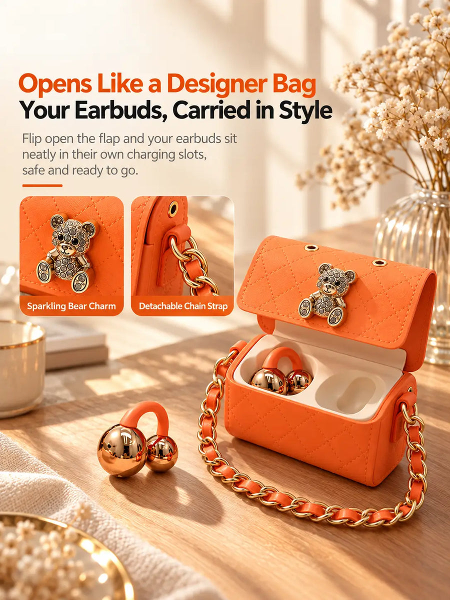 Ear Clip Wireless Earbuds with Mini Handbag Charging Case | Open Ear TWS with Teddy Bear Charm & Chain