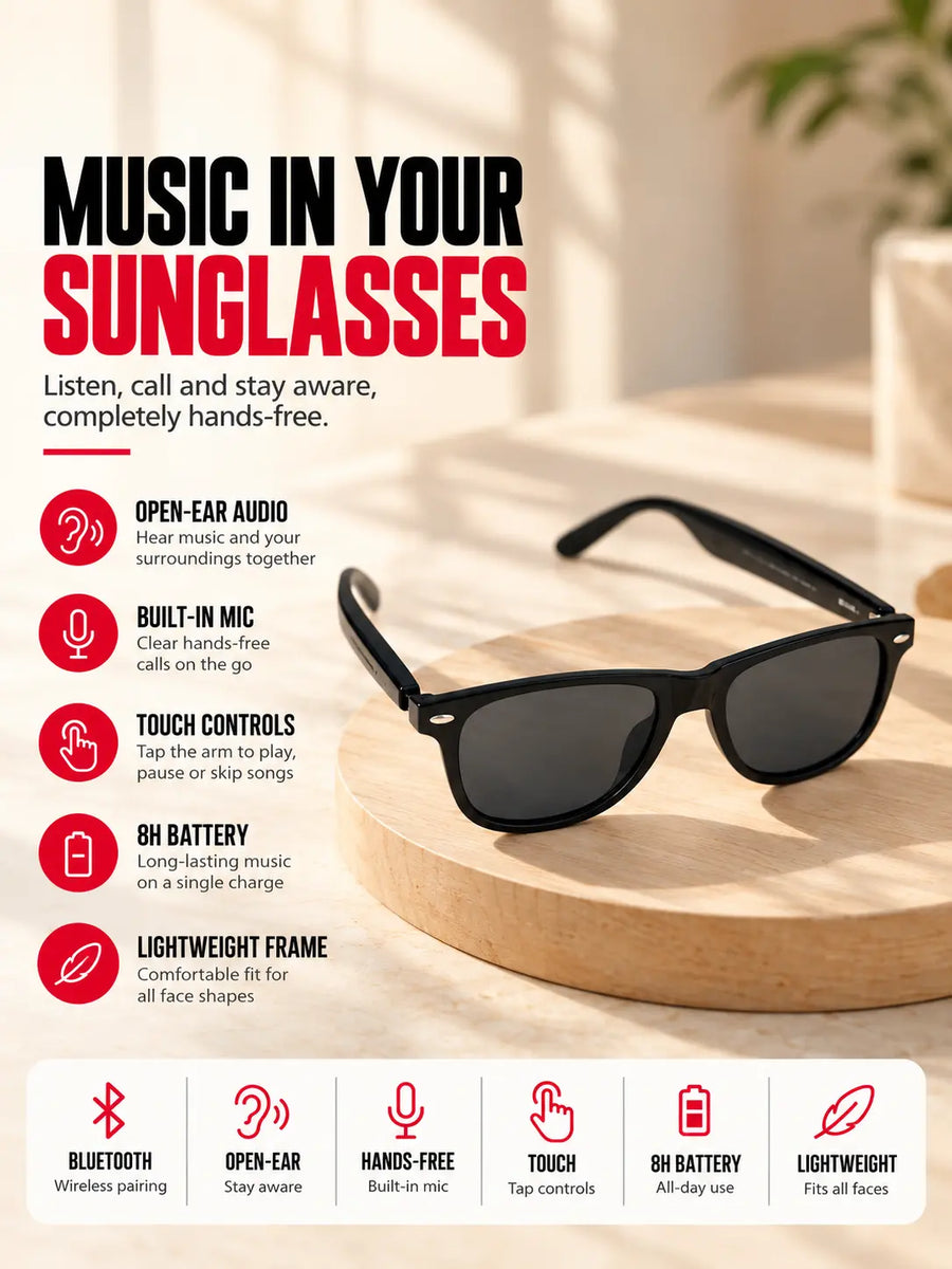 Bluetooth Smart Sunglasses - Open-Ear Wireless Audio, Touch Controls, Built-In Mic, 8H Battery, UV400 Protection