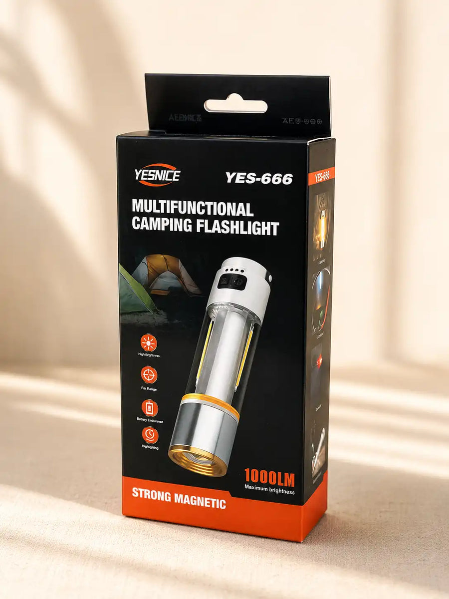 YESNICE YES-666 Multifunctional Camping Flashlight — 1000LM Rechargeable LED Lantern with Strong Magnetic Base, Warm/Cold/Red SOS Light & Spotlight Mode