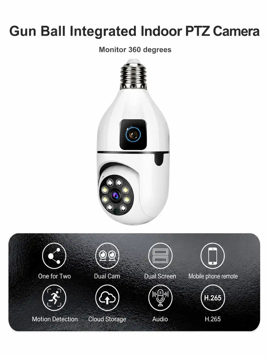 Dual Lens WiFi Bulb Holder Security Camera with Night Vision & Motion Detection
