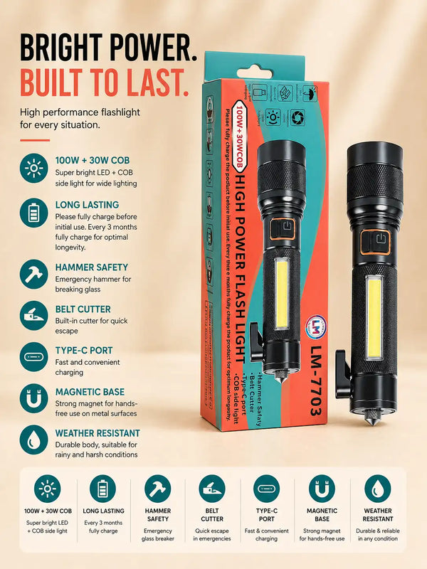 LM-7703 Rechargeable High Power LED Flashlight with COB Light