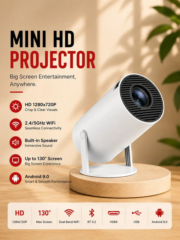 HD Android 11 Projector 720P with WiFi & Bluetooth, 180° Rotation