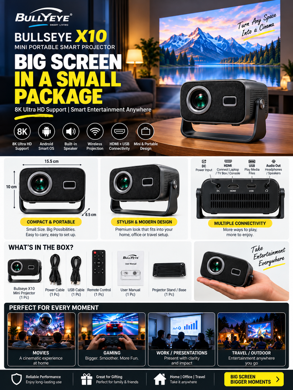 Bullseye X10 Mini Portable Smart Projector (8K Ultra HD Support)