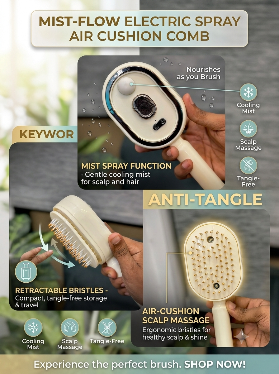 Electric Spray Retractable Air Cushion Comb – Anti-Tangle Scalp Massage Hairbrush with Mist Spray Function