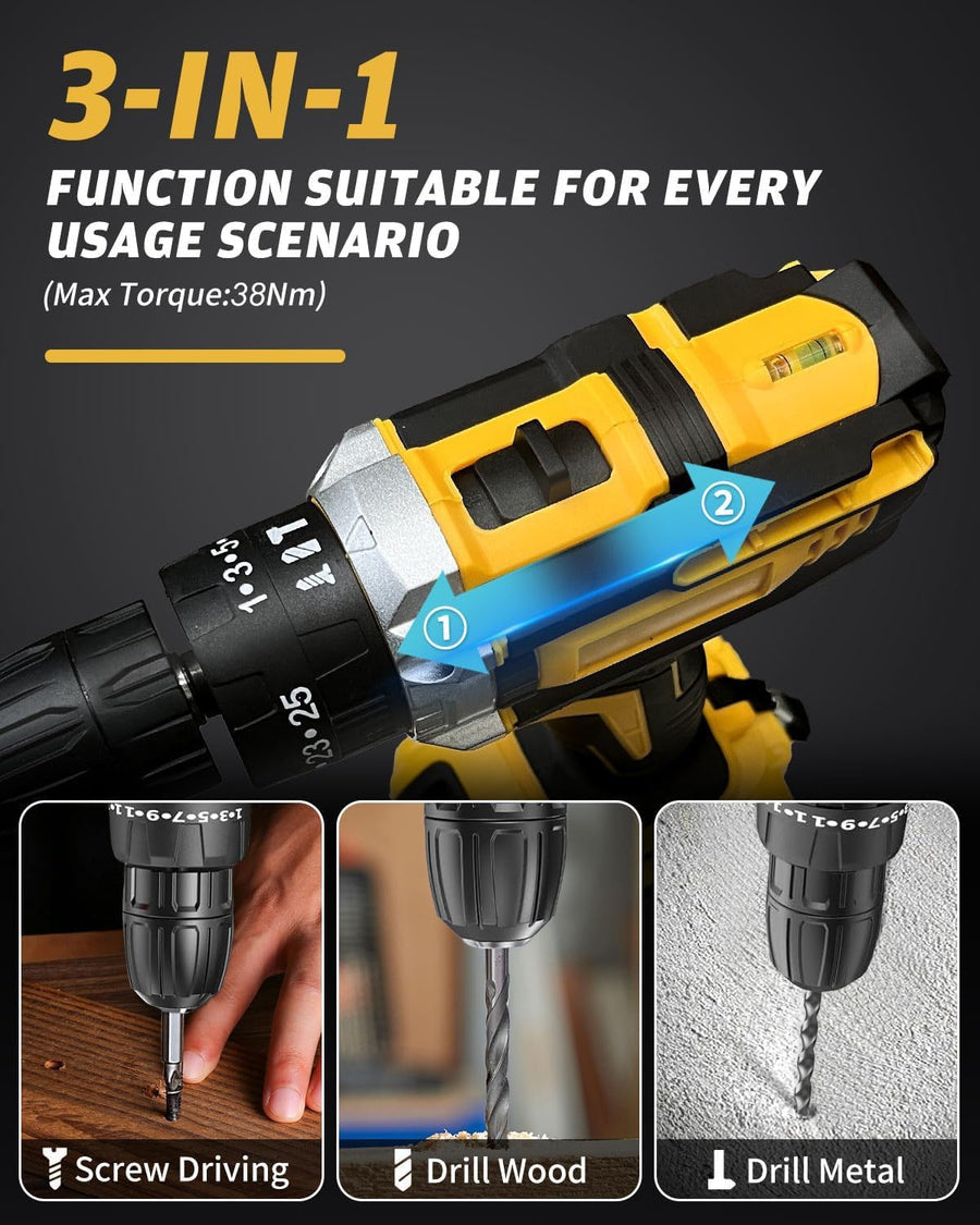 Cordless Drill Machine with Complete Tool Kit - 25+3 Torque, 3-in-1 Drill Driver, 2 Speed, 38Nm, Screwdriver Set, Home Tool Kit with Carry Case for Wood, Wall & Metal