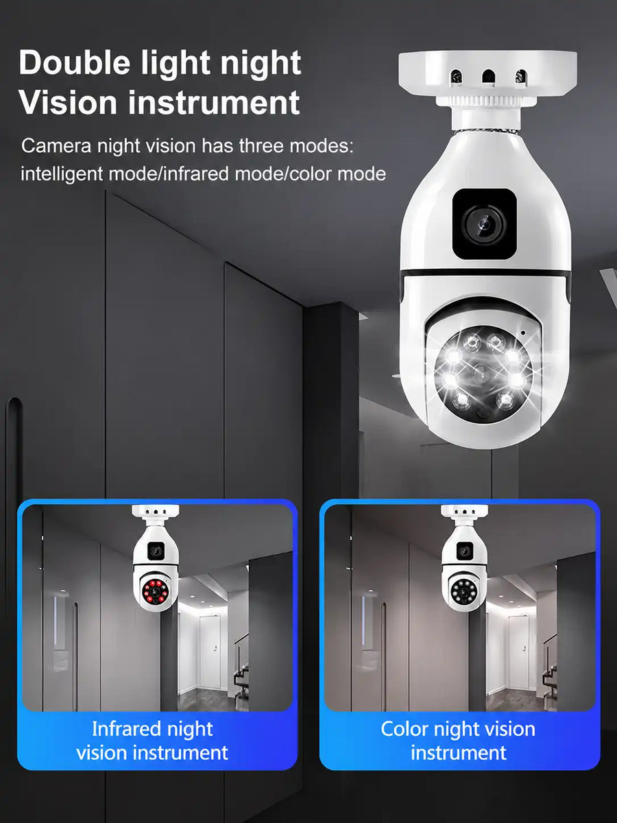 Dual Lens WiFi Bulb Holder Security Camera with Night Vision & Motion Detection