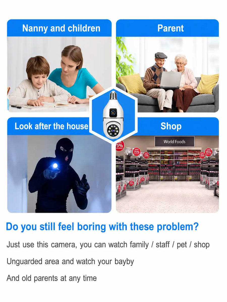 Dual Lens WiFi Bulb Holder Security Camera with Night Vision & Motion Detection