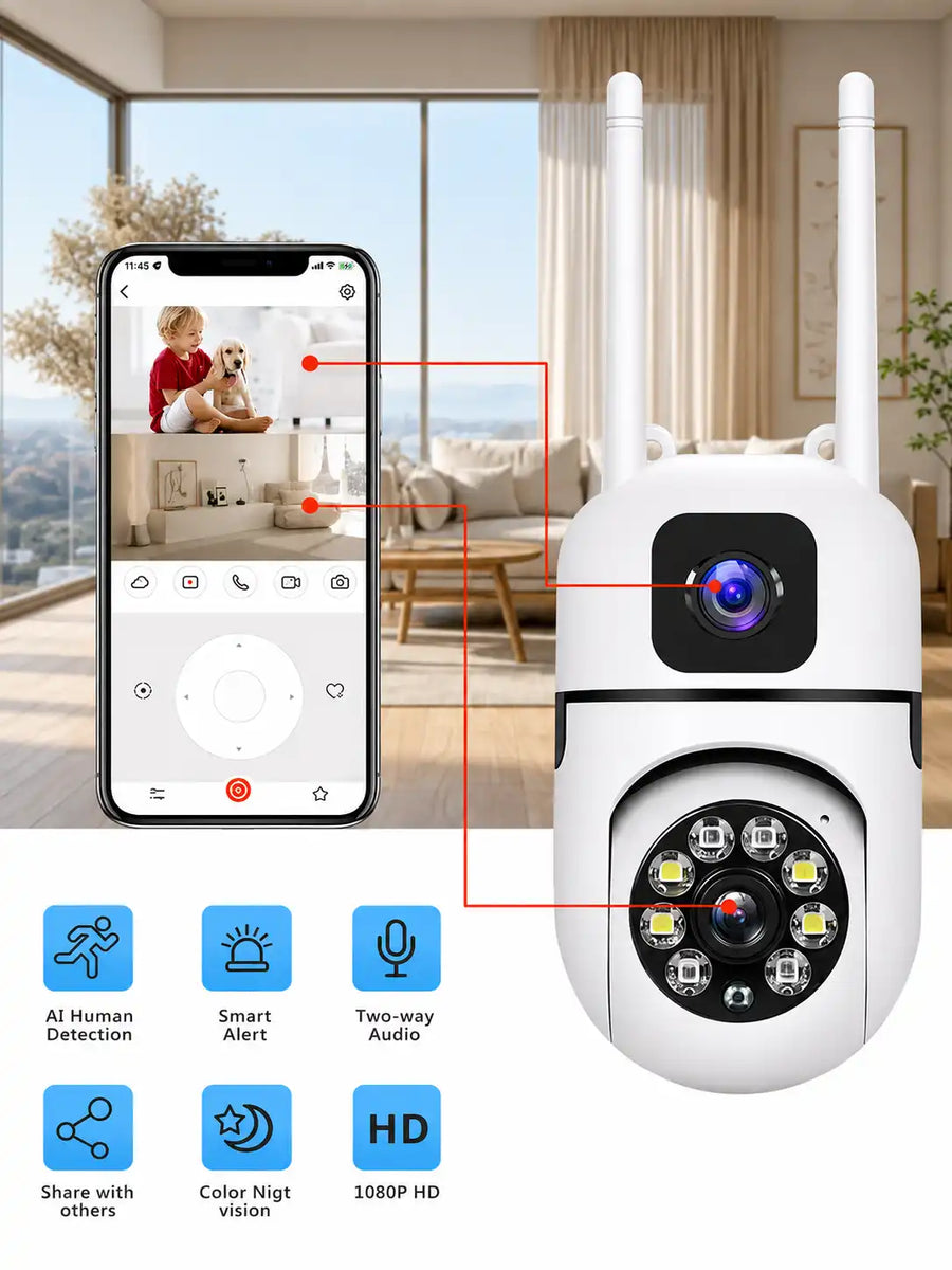 WiFi Smart CCTV Camera with Dual Lens, 360° View & Night Vision