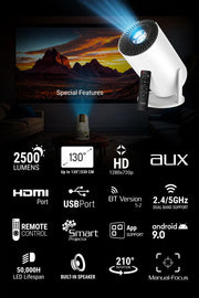 HD Android 11 Projector 720P with WiFi & Bluetooth, 180° Rotation