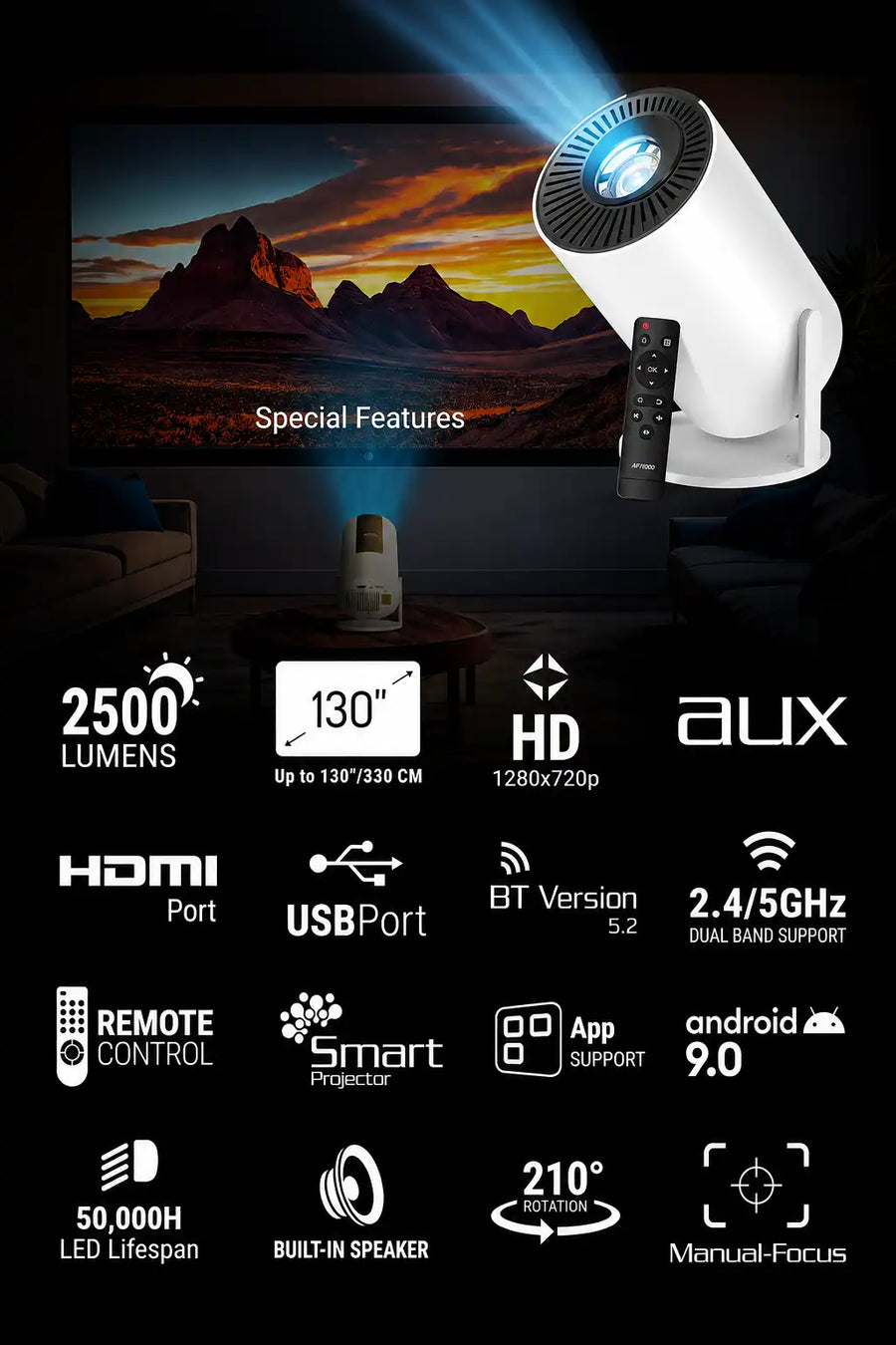 HD Android 11 Projector 720P with WiFi & Bluetooth, 180° Rotation