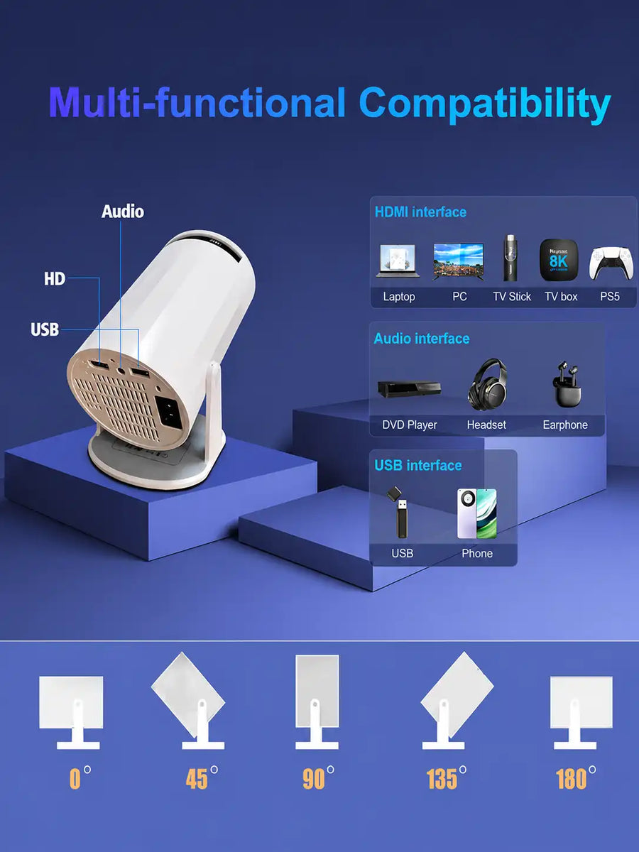 HD Android 11 Projector 720P with WiFi & Bluetooth, 180° Rotation