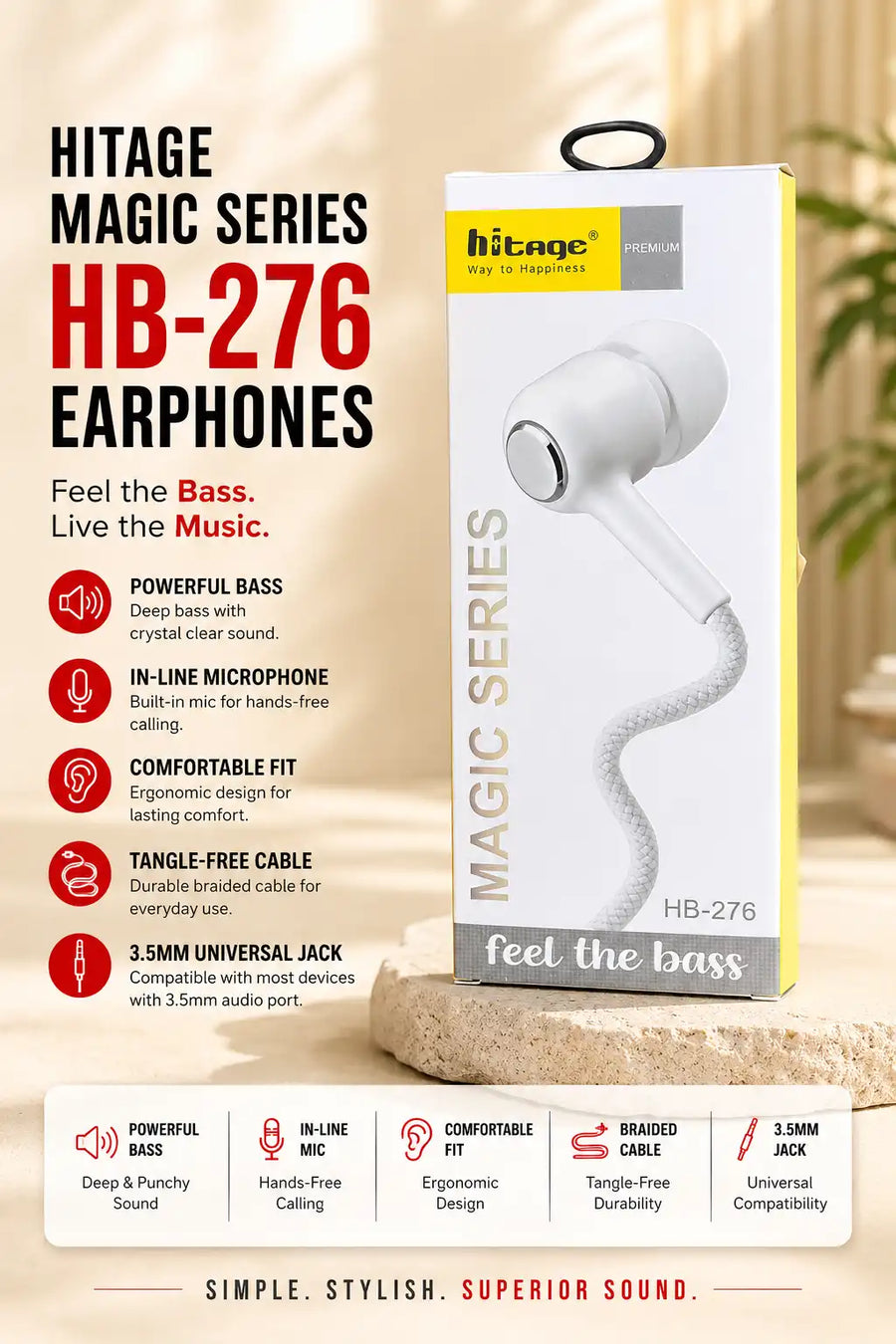 Buy 1 Get 1 Free - Hitage HB-276 Magic Series Wired Earphones with Mic – Deep Bass In-Ear Headphones, 3.5mm Jack, Tangle-Free Cable