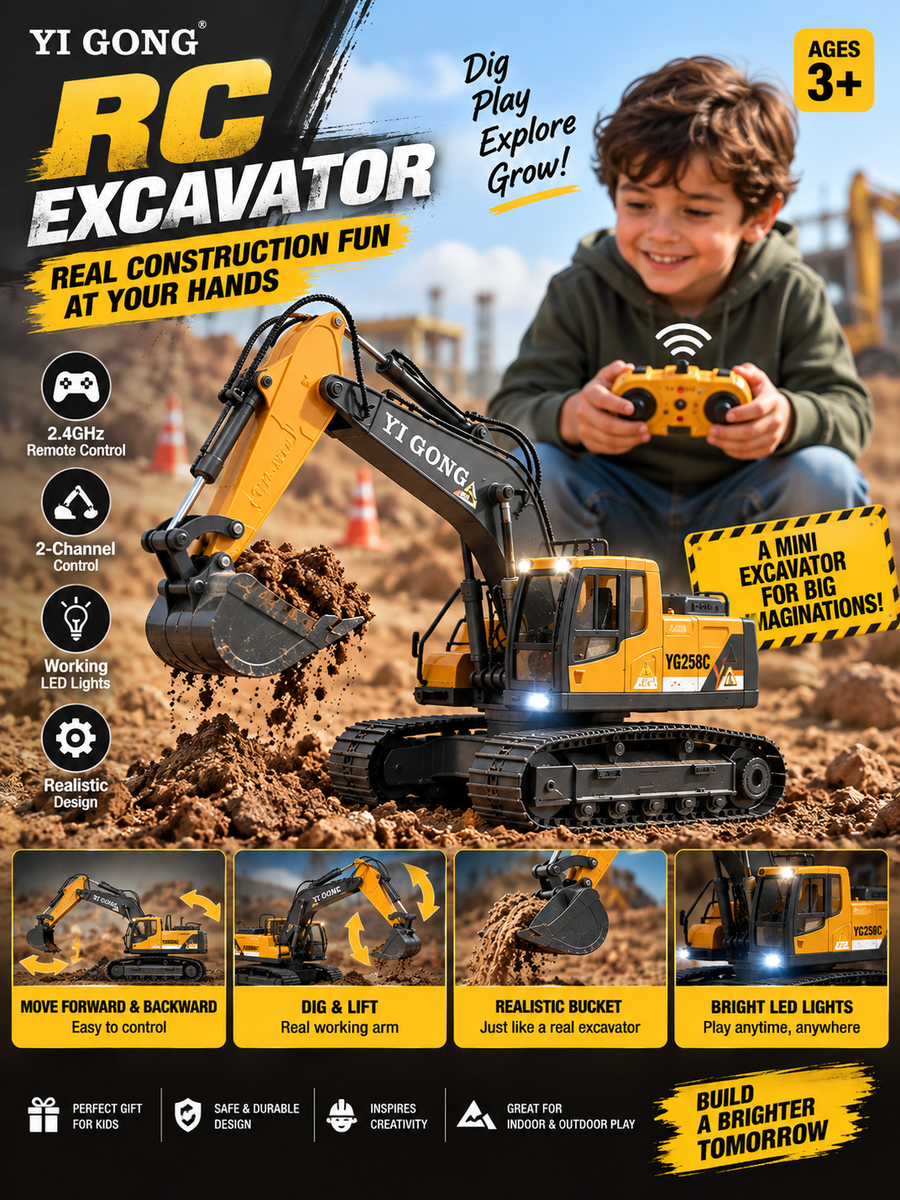 2.4GHz RC Excavator Toy – Remote Control Construction Digger Truck for Kids Ages 3+