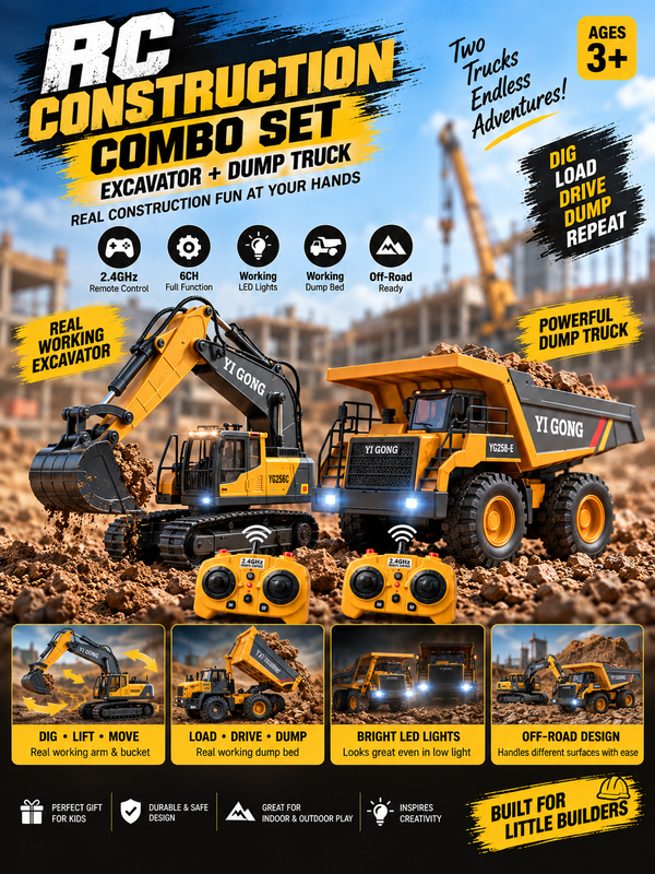 RC Construction Combo Set – Excavator + Dump Truck for Kids