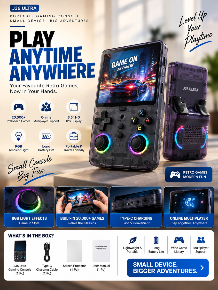 J36 Ultra Handheld Gaming Console | Retro Portable Game Player | Online Multiplayer Support With RGB Light