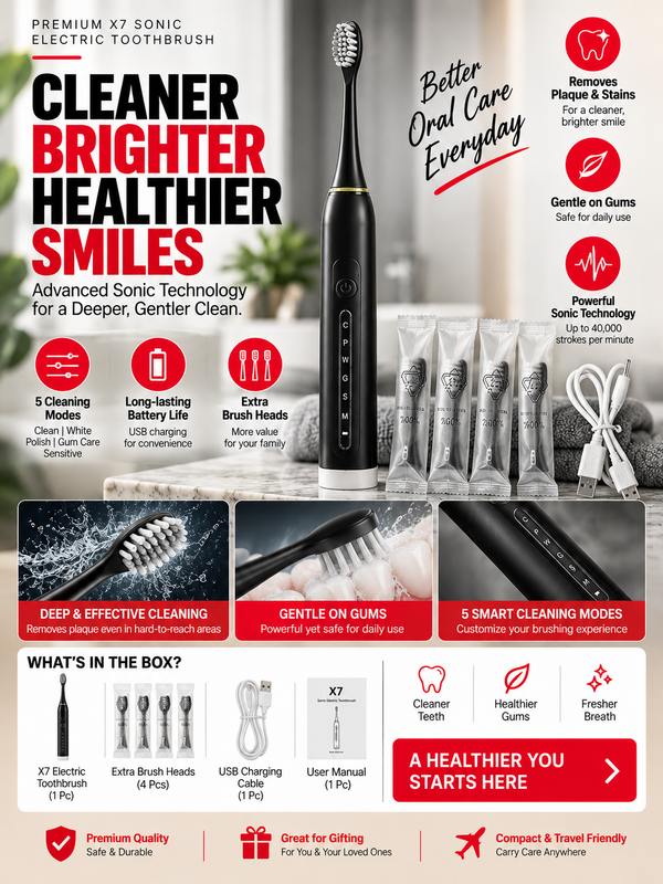 Premium X7 Sonic Electric Toothbrush with USB Charging Cable & Extra Heads
