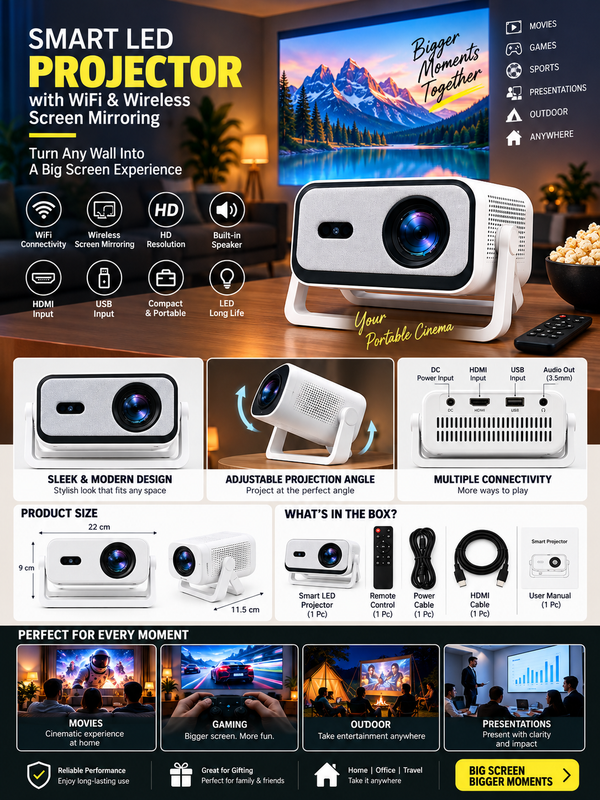 Smart LED Projector with WiFi & Wireless Screen Mirroring | HD Home Theater Projector
