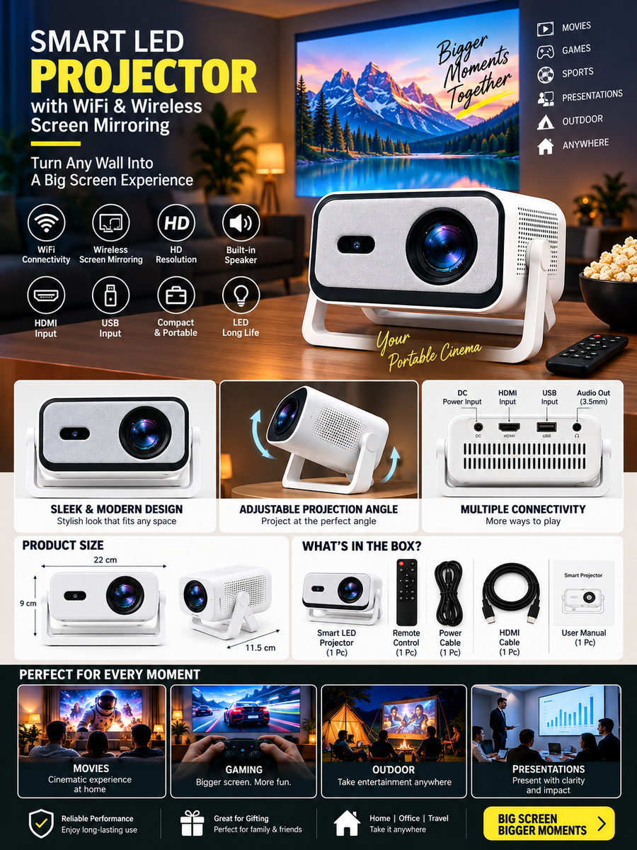 Smart LED Projector with WiFi & Wireless Screen Mirroring | HD Home Theater Projector