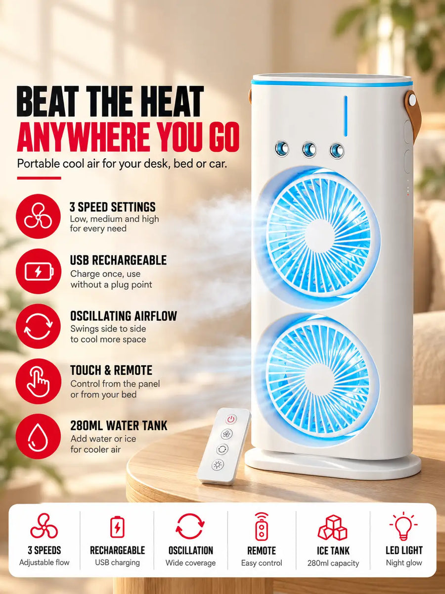 Mini Air Cooler Fan | Portable Cold Air Fan with Ice Tank | USB Rechargeable Oscillating Table Fan