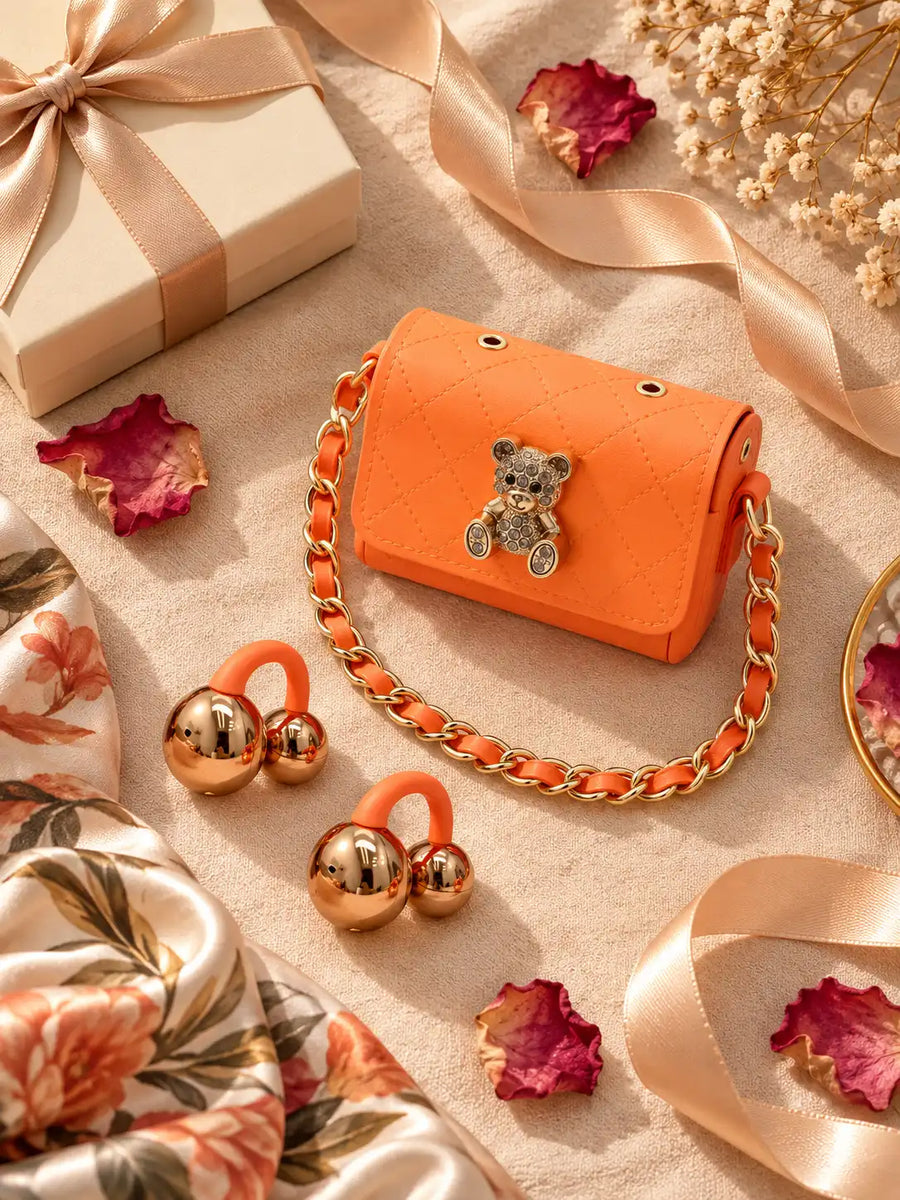 Ear Clip Wireless Earbuds with Mini Handbag Charging Case | Open Ear TWS with Teddy Bear Charm & Chain