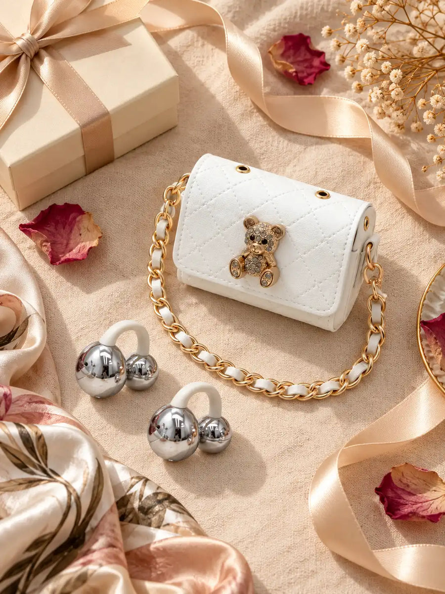 Ear Clip Wireless Earbuds with Mini Handbag Charging Case | Open Ear TWS with Teddy Bear Charm & Chain