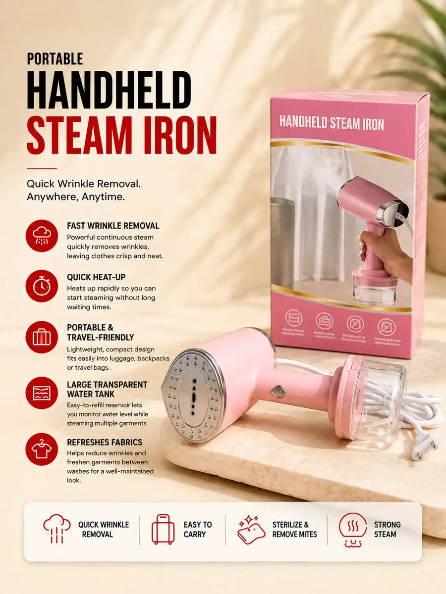 Handheld Garment Steamer — 1000W Portable Steam Iron with Ceramic Soleplate, 280ml Tank & 10-Second Fast Heating (Home, Office & Travel Use)