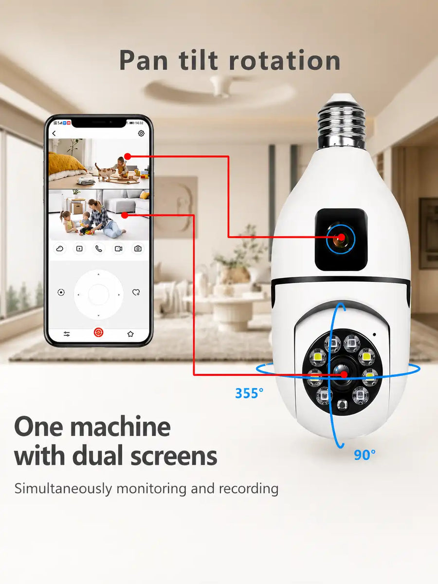 Dual Lens WiFi Bulb Holder Security Camera with Night Vision & Motion Detection