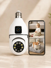Dual Lens WiFi Bulb Holder Security Camera with Night Vision & Motion Detection