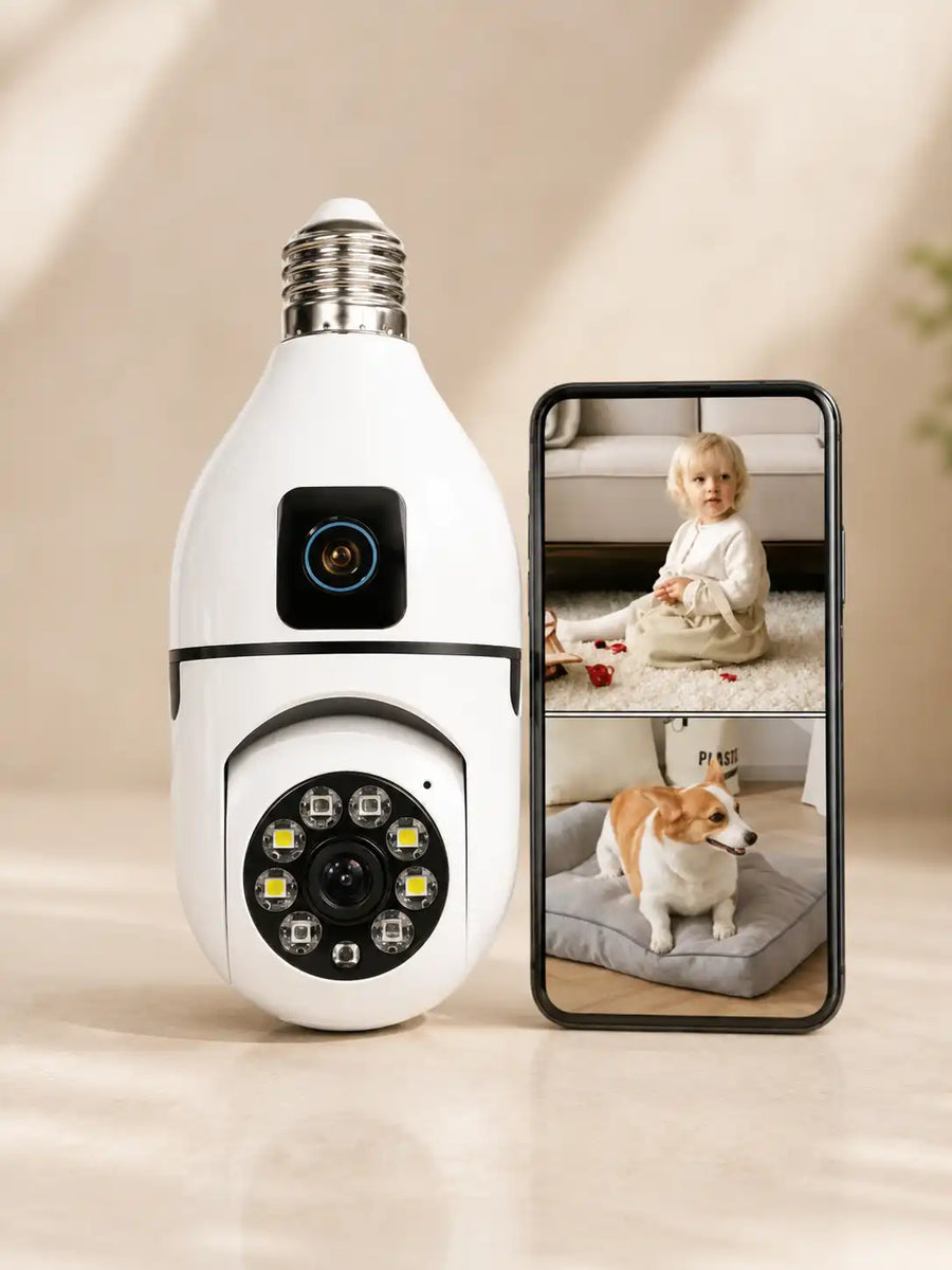 Dual Lens WiFi Bulb Holder Security Camera with Night Vision & Motion Detection