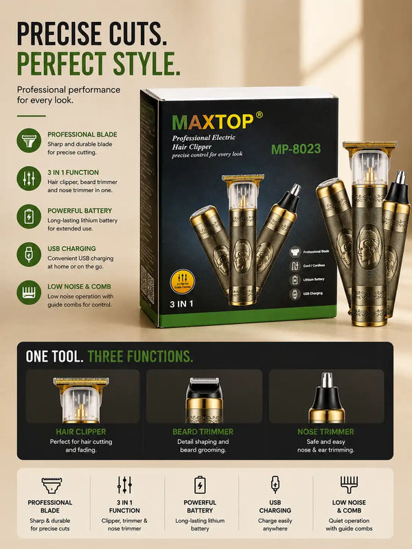 Maxtop MP-8023 3-in-1 Trimmer for Men – Shaver & Nose Trimmer Grooming Kit with 4 Guard Combs