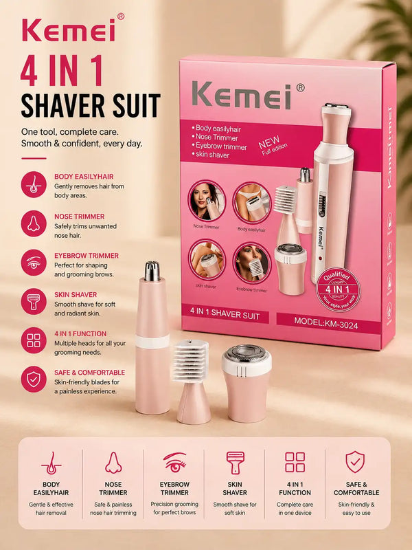 Kemei KM-3024 4-in-1 Electric Shaver & Body Hair Trimmer for Face, Nose & Eyebrows