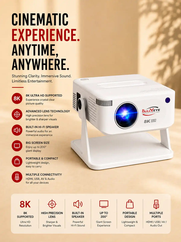BullYEye Smart Android 11 Projector – 4K Support, WiFi & Full HD Home Theater