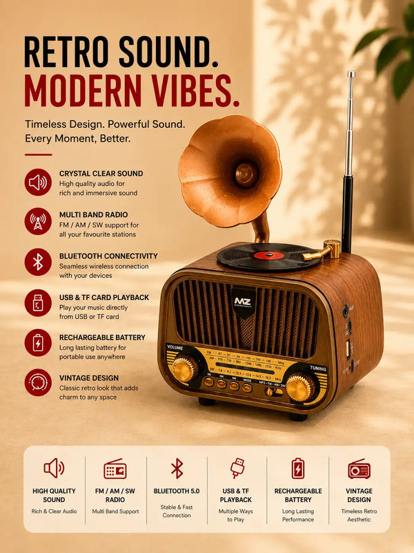 MZ Retro Gramophone Bluetooth Speaker – Vintage AM/FM/SW Radio, 5W Hi-Fi Sound