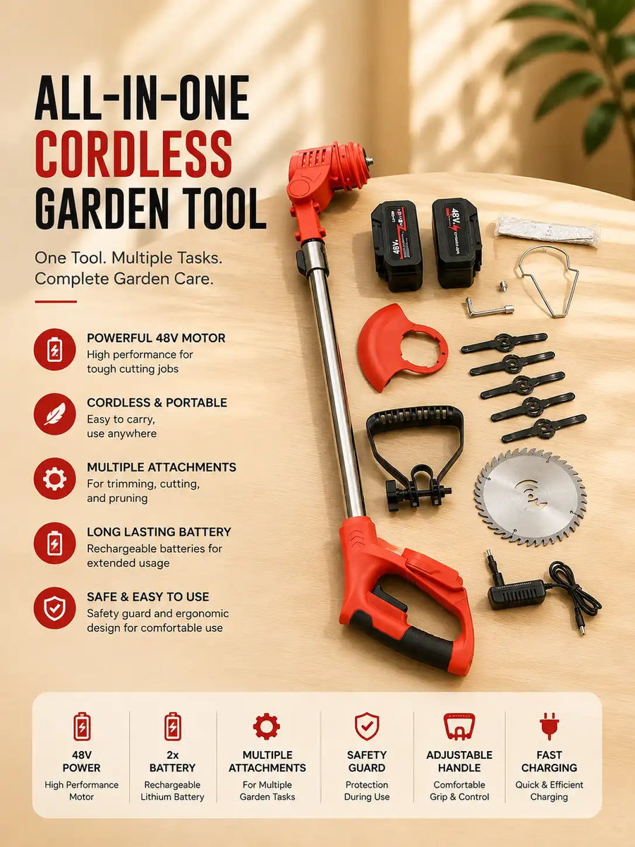 48V Cordless Grass Trimmer & Brush Cutter – 2 Batteries, Multi-Blade