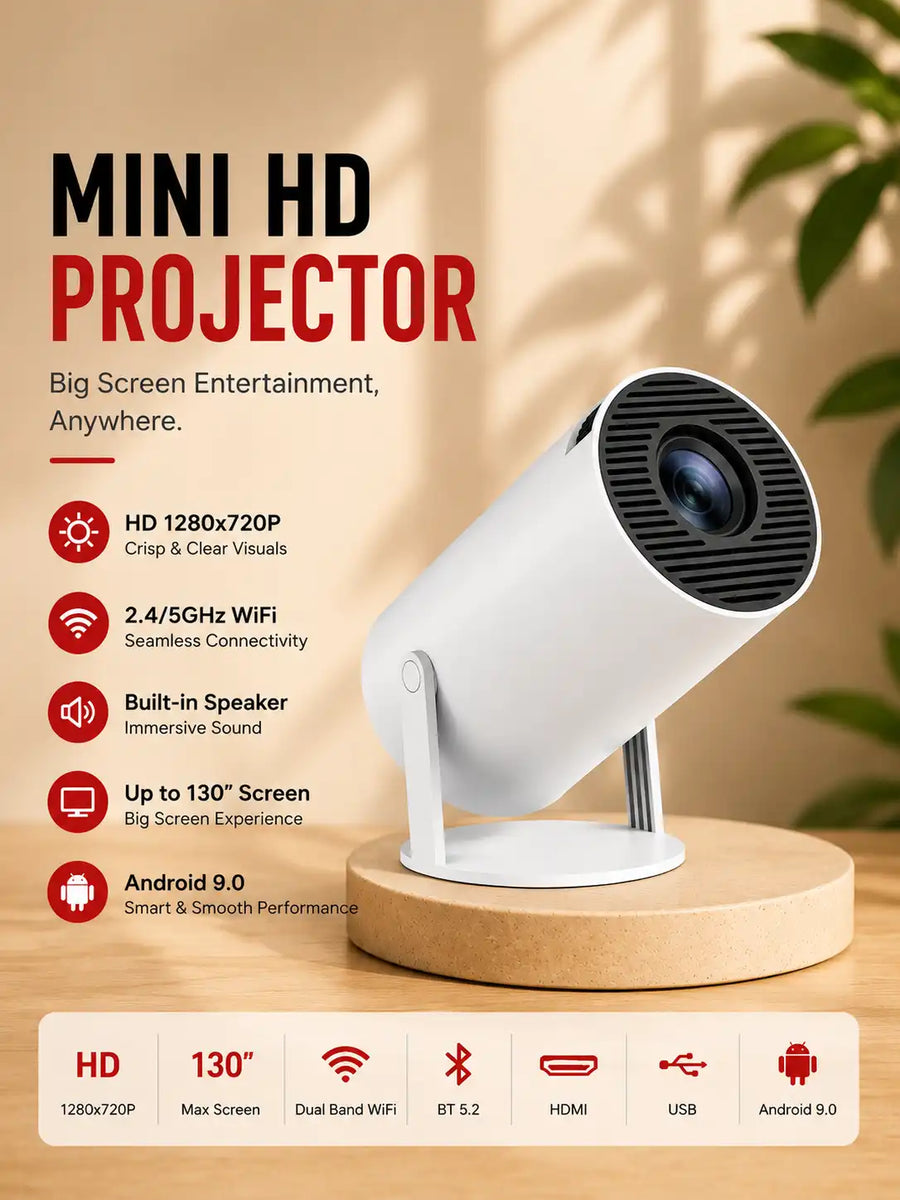 HD Android 11 Projector 720P with WiFi & Bluetooth, 180° Rotation