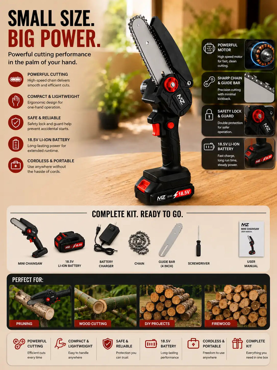 MZ CS72 Cordless Mini Chainsaw 6-Inch – Portable Electric Battery Chainsaw for Branch Cutting, Pruning & Firewood
