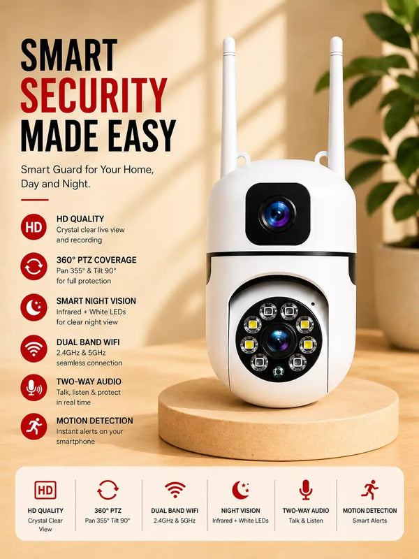 WiFi Smart CCTV Camera with Dual Lens, 360° View & Night Vision