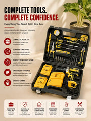 Cordless Drill Machine with Complete Tool Kit - 25+3 Torque, 3-in-1 Drill Driver, 2 Speed, 38Nm, Screwdriver Set, Home Tool Kit with Carry Case for Wood, Wall & Metal