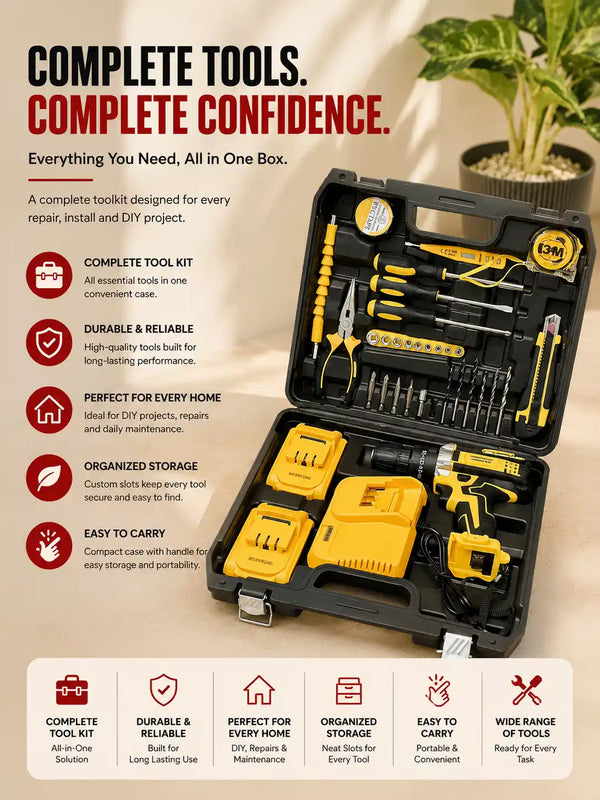Cordless Drill Machine with Complete Tool Kit - 25+3 Torque, 3-in-1 Drill Driver, 2 Speed, 38Nm, Screwdriver Set, Home Tool Kit with Carry Case for Wood, Wall & Metal