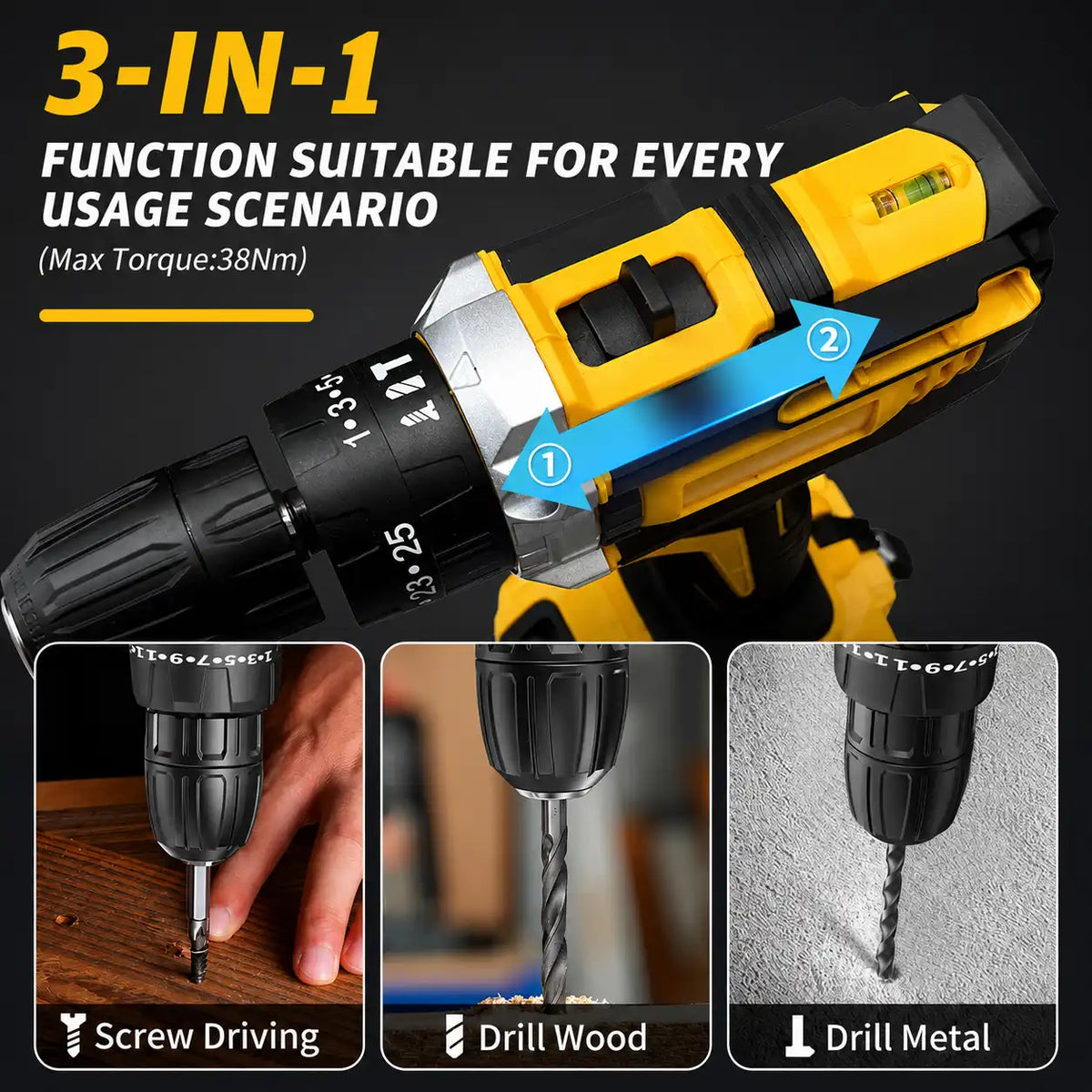 One Drill. Screw Driving. Wood Drilling. Metal Drilling.