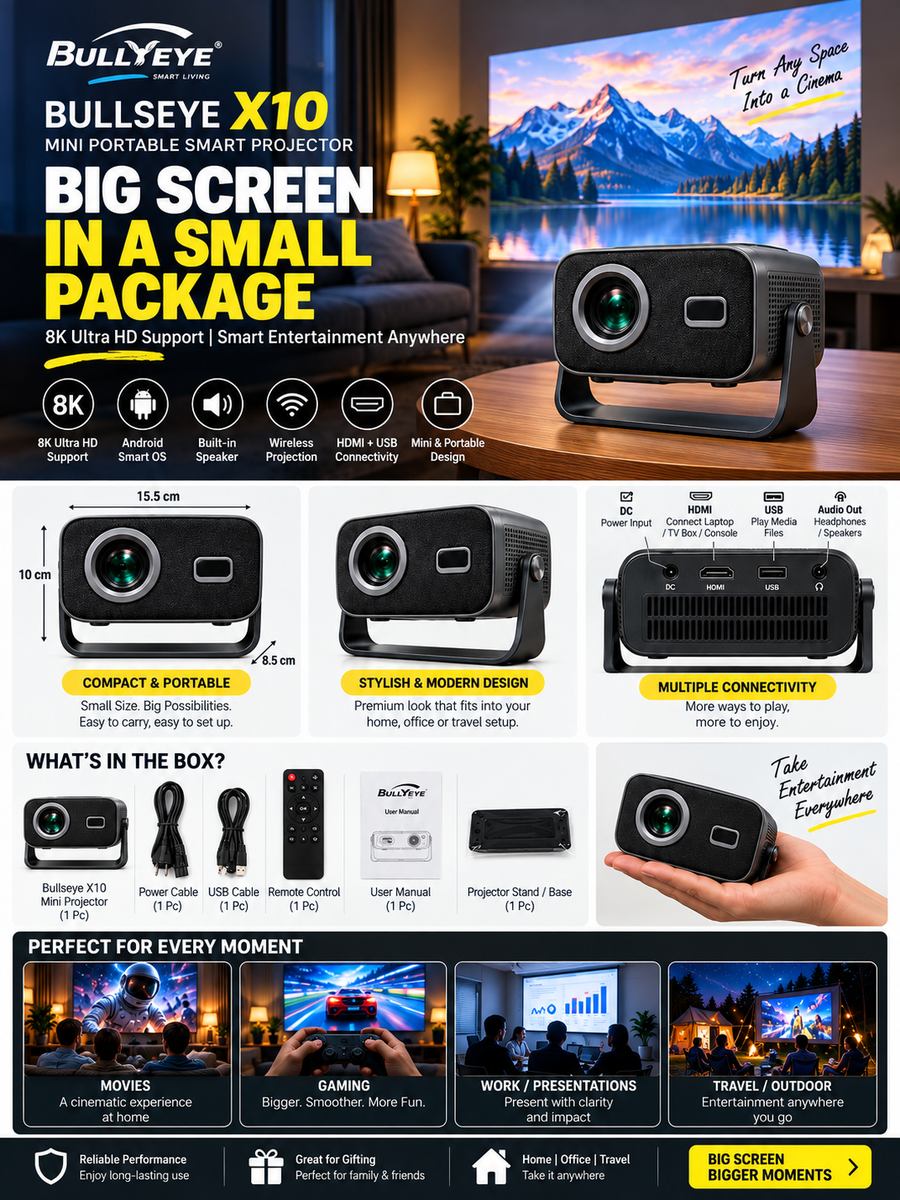 Bullseye X10 Mini Portable Smart Projector (8K Ultra HD Support)